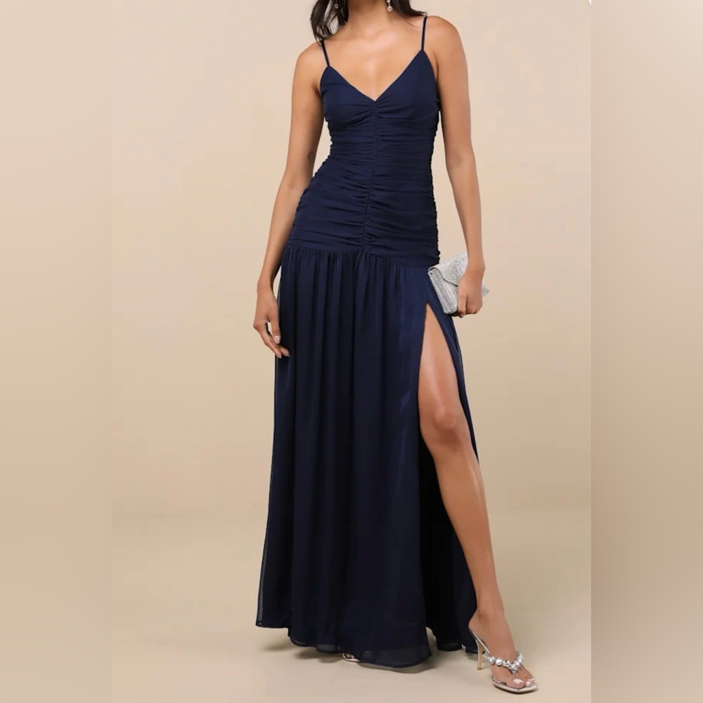 Lulus Ronna Navy Ruched Drop Waist Maxi Dress